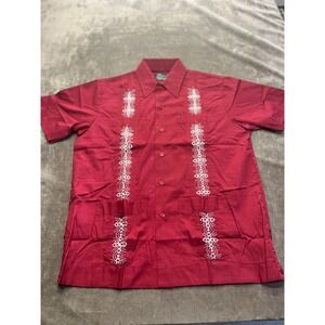 Haband of Paterson Mens Guayabera Shirt Burgundy Red Short Sleeve Embroidered M